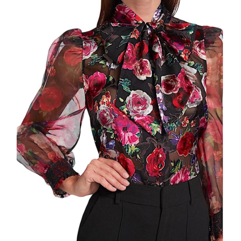 Alice + Olivia Brentley Floral Tie Neck Blouse COLOR Midnight Rose